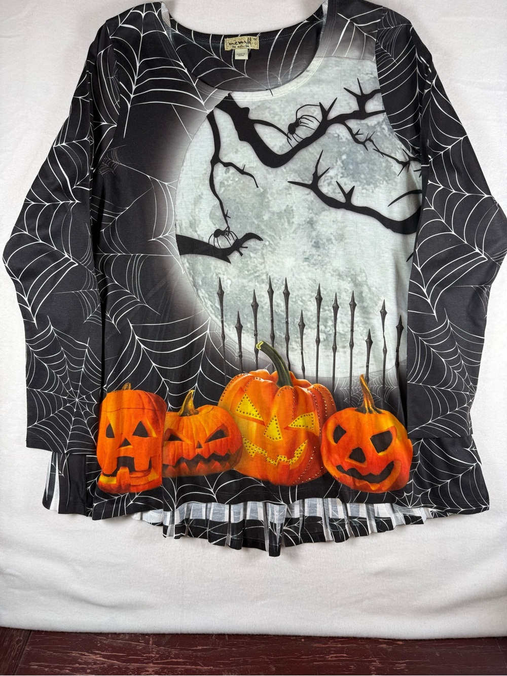 One World Halloween Top Black with Spiderwebs/ Pumpkins Size 1X